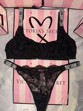 Victorias Secret Shine Strap Bra Bralette Lace Unlined Very Sexy Black Large